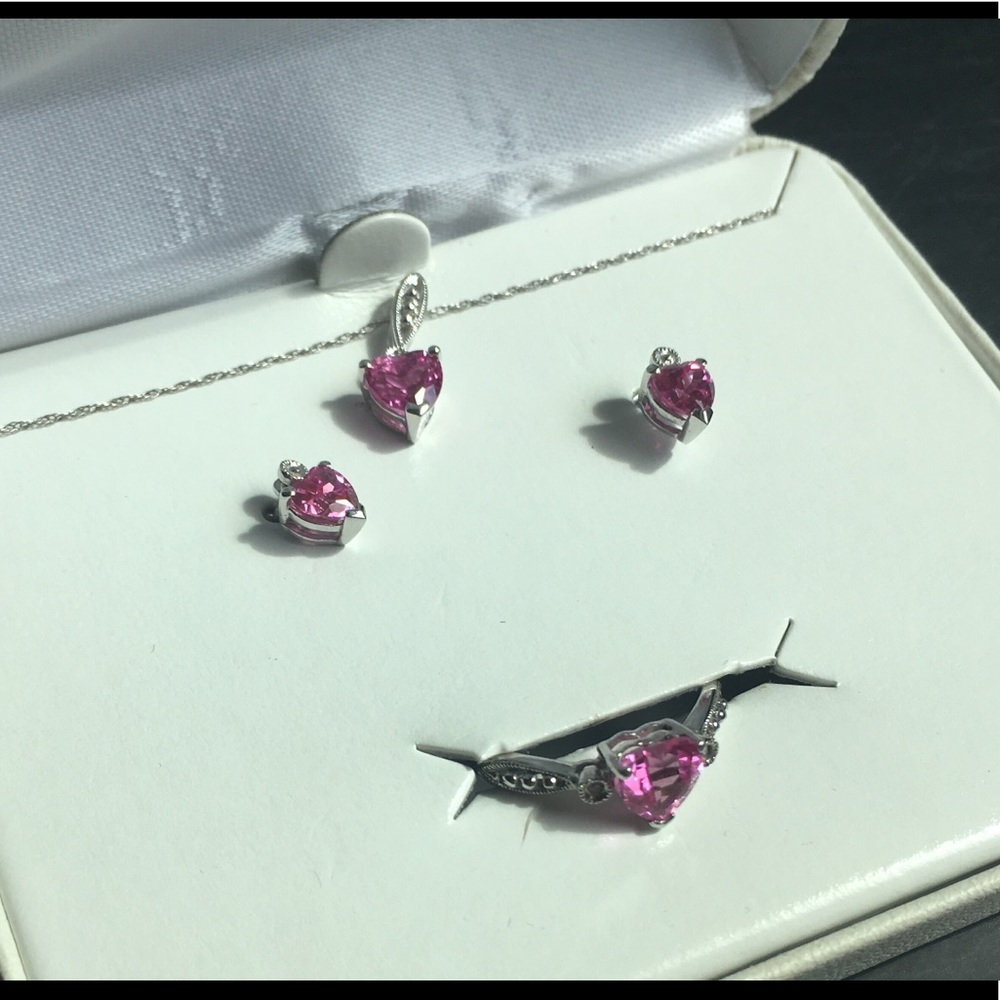 Pink heart shaped ring, earrings and necklace
